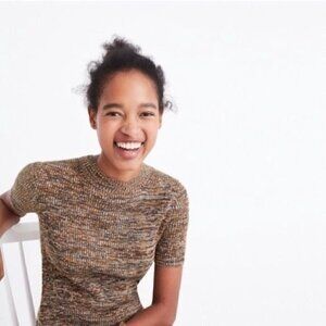 NWOT Madewell Mock Neck Marled Ribbed Bodycon Dress Brown Orange XL